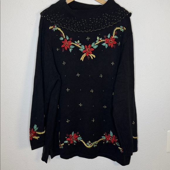 Theme Works Kikit Plus 3X Holiday Christmas Floral Gold Beaded Sweater - Picture 2 of 5